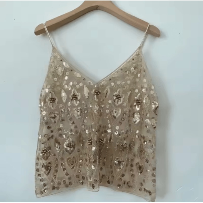 Puloru Sequin Beaded Flower Camisole Open Back Chic Summer Top 3