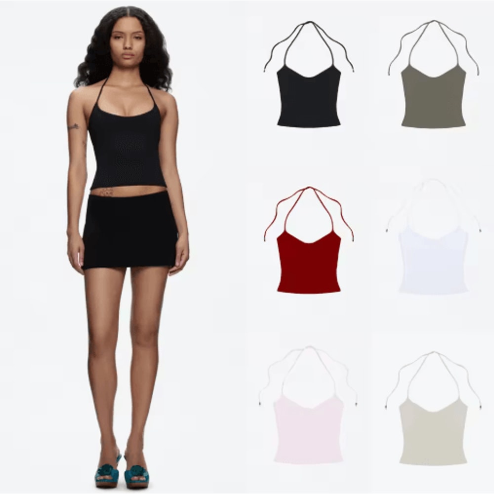 Open Back Halter Camisole With Metal Accents Stretchy Sexy Summer Tank For Women 0