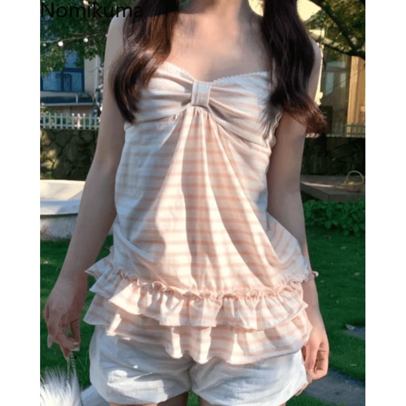Japanese Sweet Vintage Striped Ruffle Tank Slim Fit Summer Cami For Women 2