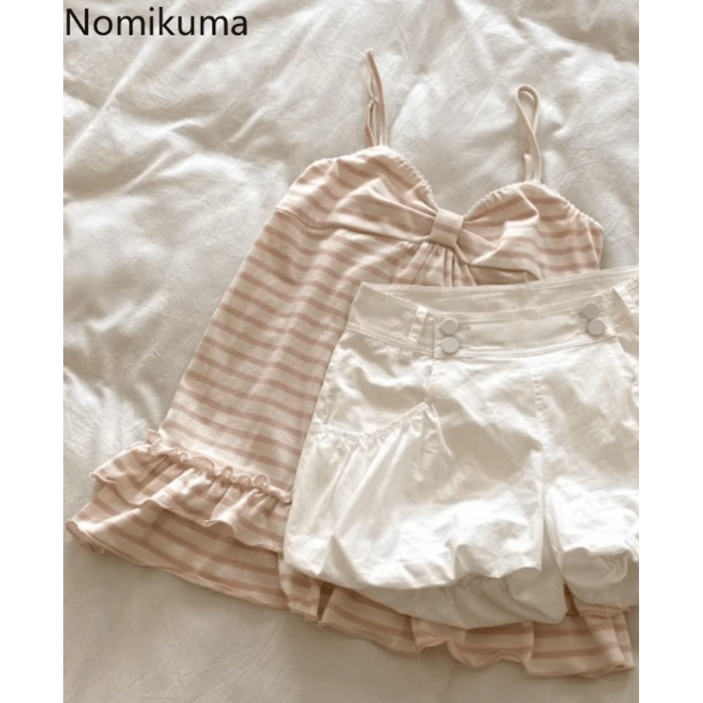 Japanese Sweet Vintage Striped Ruffle Tank Slim Fit Summer Cami For Women 3