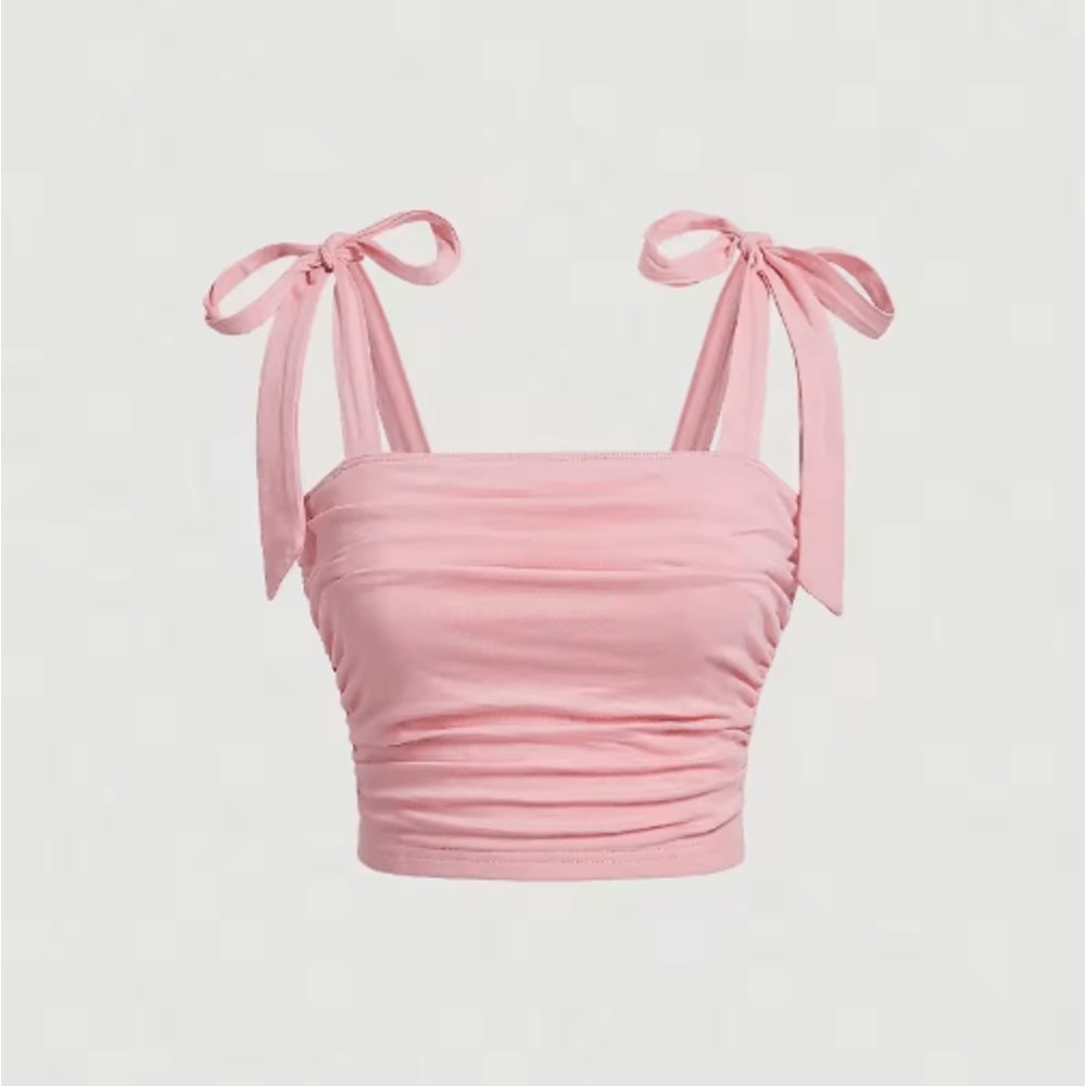 Pink Tie Shoulder Ruched Crop Top Backless Y2K Streetwear Cami For Women 0