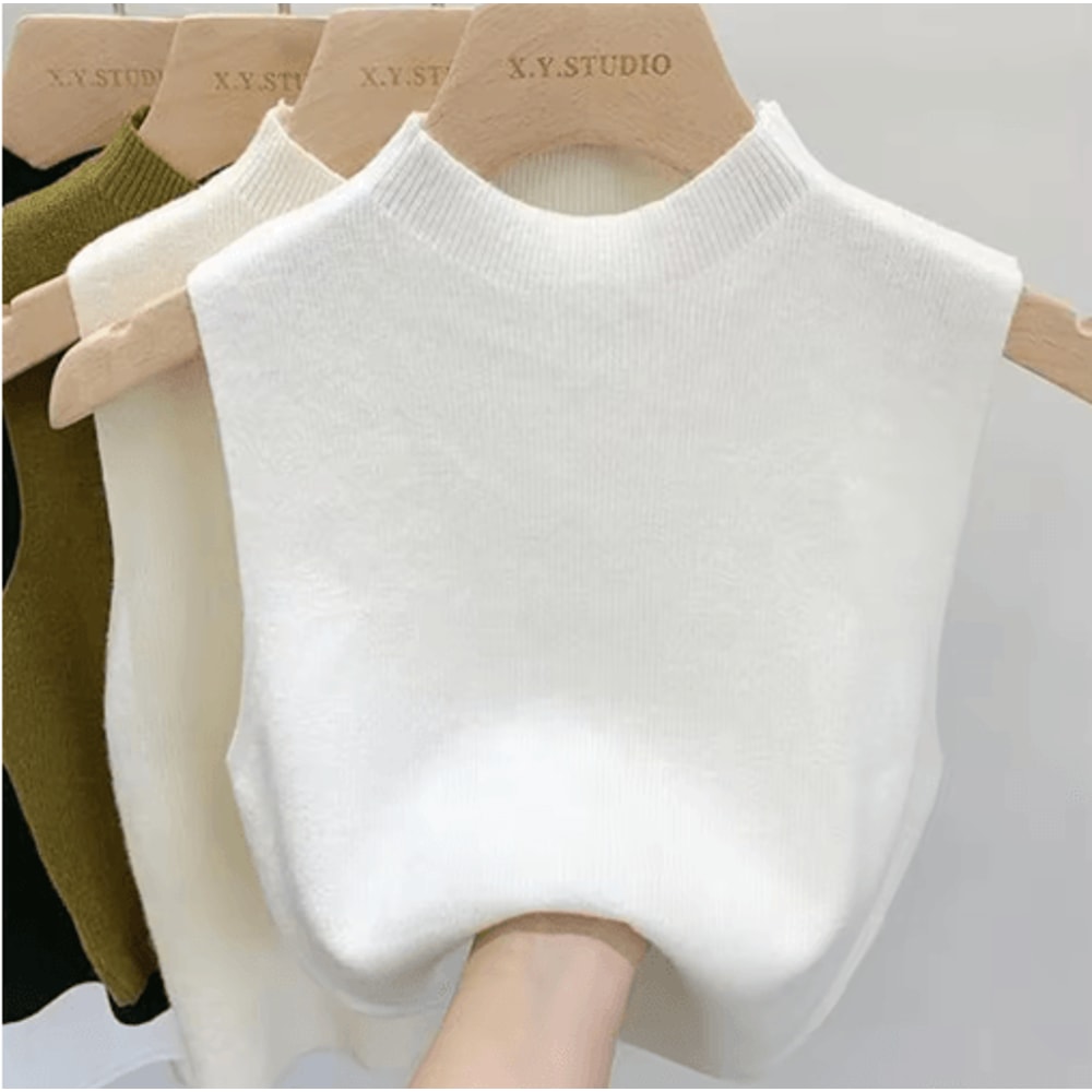 Knitted Cropped Half Turtleneck Tank Solid Color Sleeveless Sweater Cami For Women 7