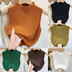 knitted cropped half turtleneck tank – solid color sleeveless sweater cami for women