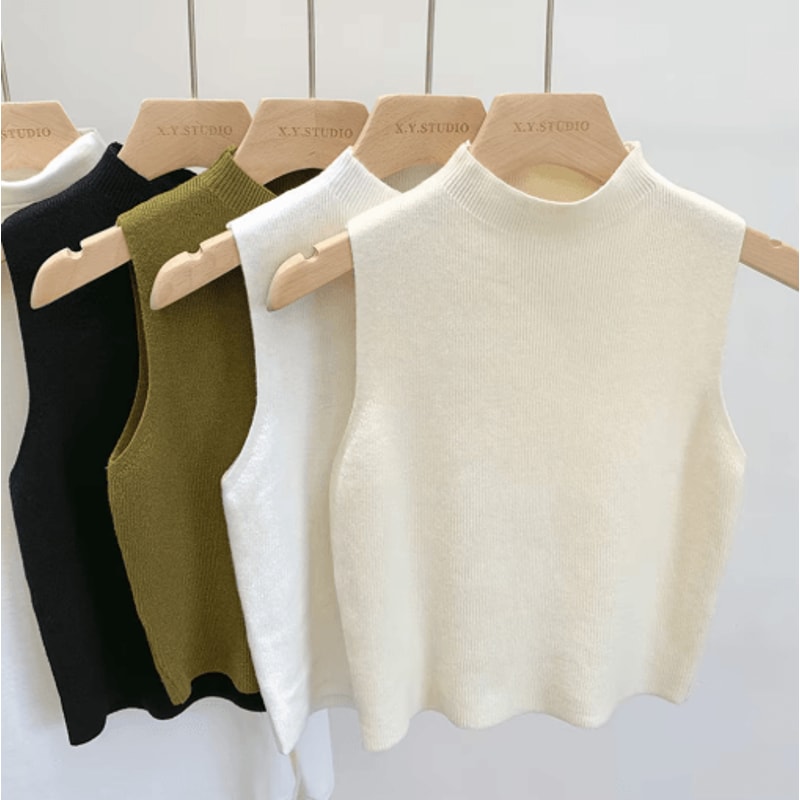 Knitted Cropped Half Turtleneck Tank Solid Color Sleeveless Sweater Cami For Women 9