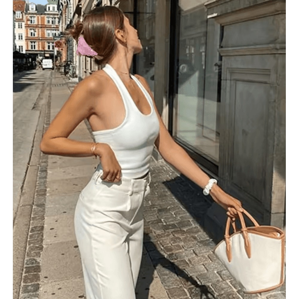 White Halter Ribbed Backless Crop Top 2024 Streetwear Knit Vest For Women 0