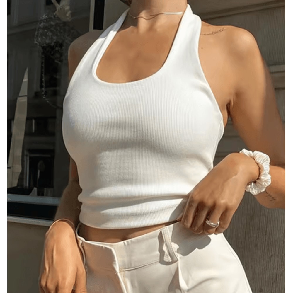 White Halter Ribbed Backless Crop Top 2024 Streetwear Knit Vest For Women 6