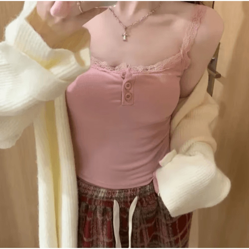 White Lace Knit Cropped Camisole With Chest Pad Y2K Cute Summer Tank For Women 6