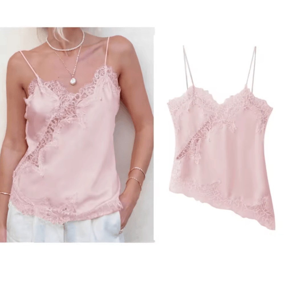 Combhasaki Satin Lace Trim Asymmetrical Cami Flowy High Low Silk Layering Top 1