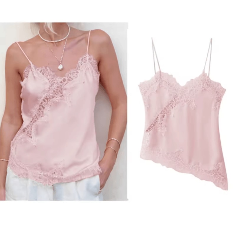 Combhasaki Satin Lace Trim Asymmetrical Cami Flowy High Low Silk Layering Top 1