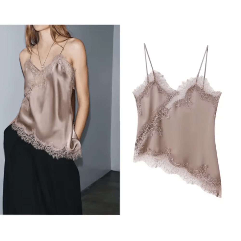 Combhasaki Satin Lace Trim Asymmetrical Cami Flowy High Low Silk Layering Top 2