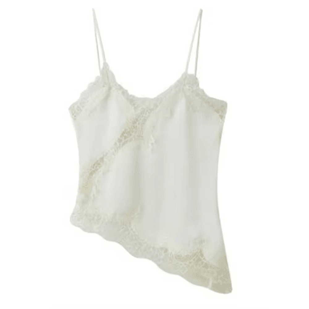 Combhasaki Satin Lace Trim Asymmetrical Cami Flowy High Low Silk Layering Top 3