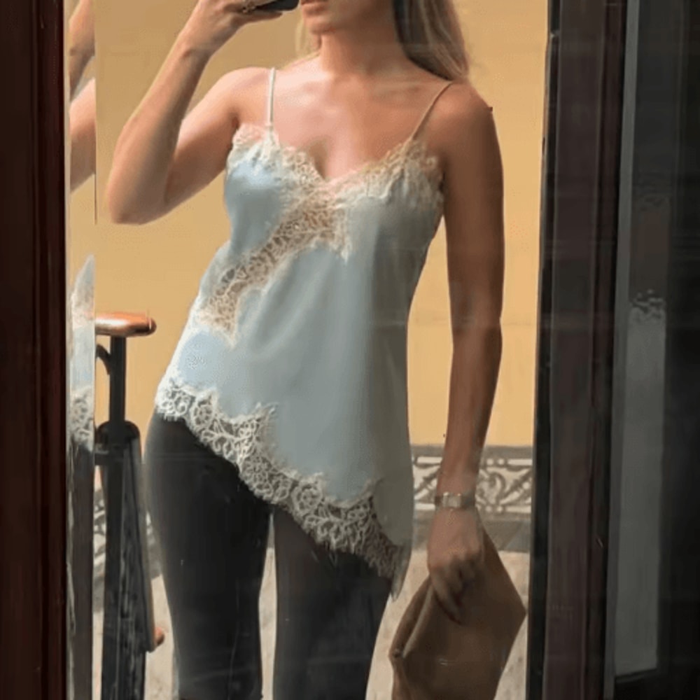 Combhasaki Satin Lace Trim Asymmetrical Cami Flowy High Low Silk Layering Top 5