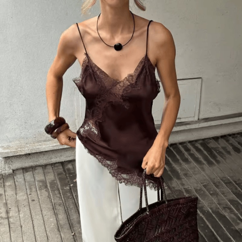 Combhasaki Satin Lace Trim Asymmetrical Cami Flowy High Low Silk Layering Top 6