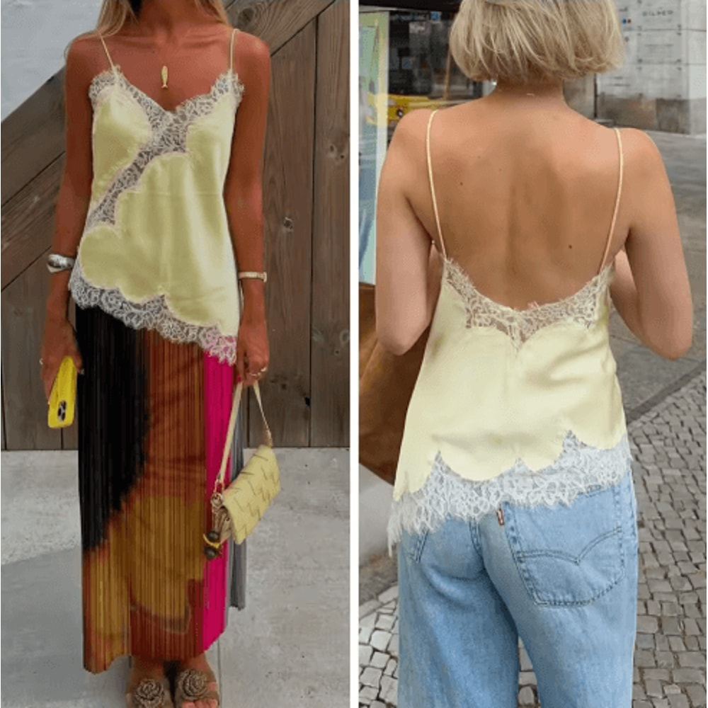 Combhasaki Satin Lace Trim Asymmetrical Cami Flowy High Low Silk Layering Top 7