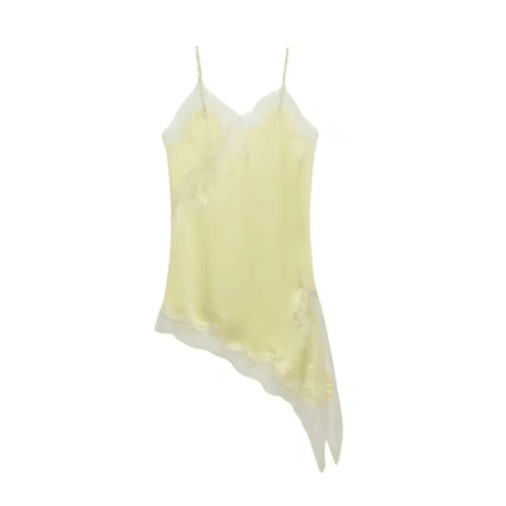 Combhasaki Satin Lace Trim Asymmetrical Cami Flowy High Low Silk Layering Top 14