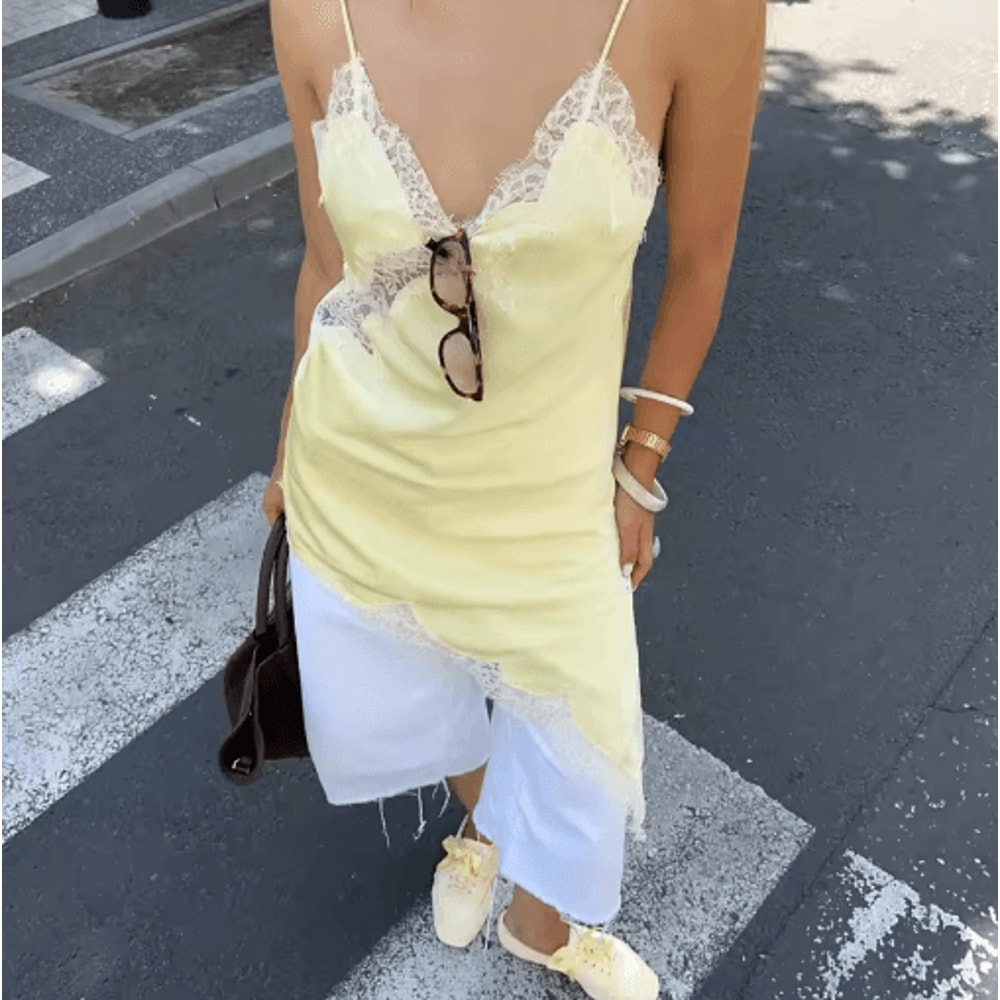 Combhasaki Satin Lace Trim Asymmetrical Cami Flowy High Low Silk Layering Top 16