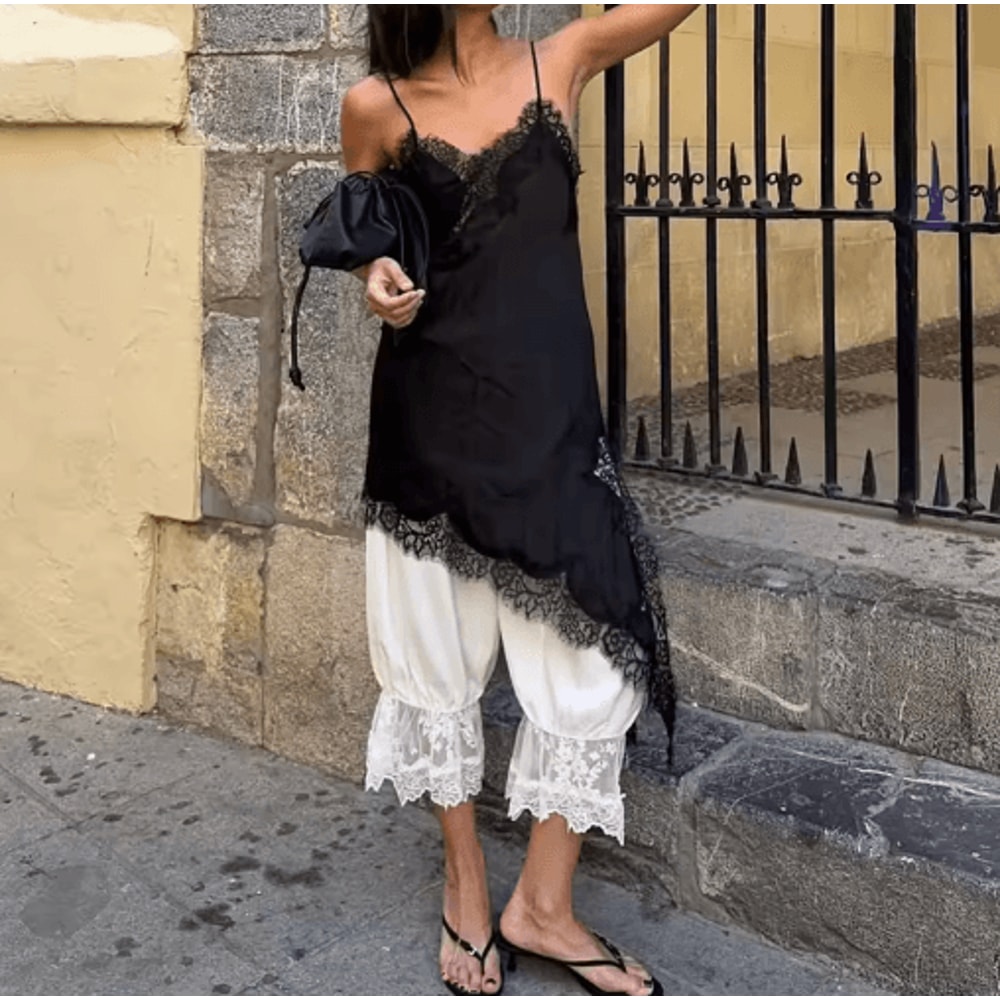 Combhasaki Satin Lace Trim Asymmetrical Cami Flowy High Low Silk Layering Top 0