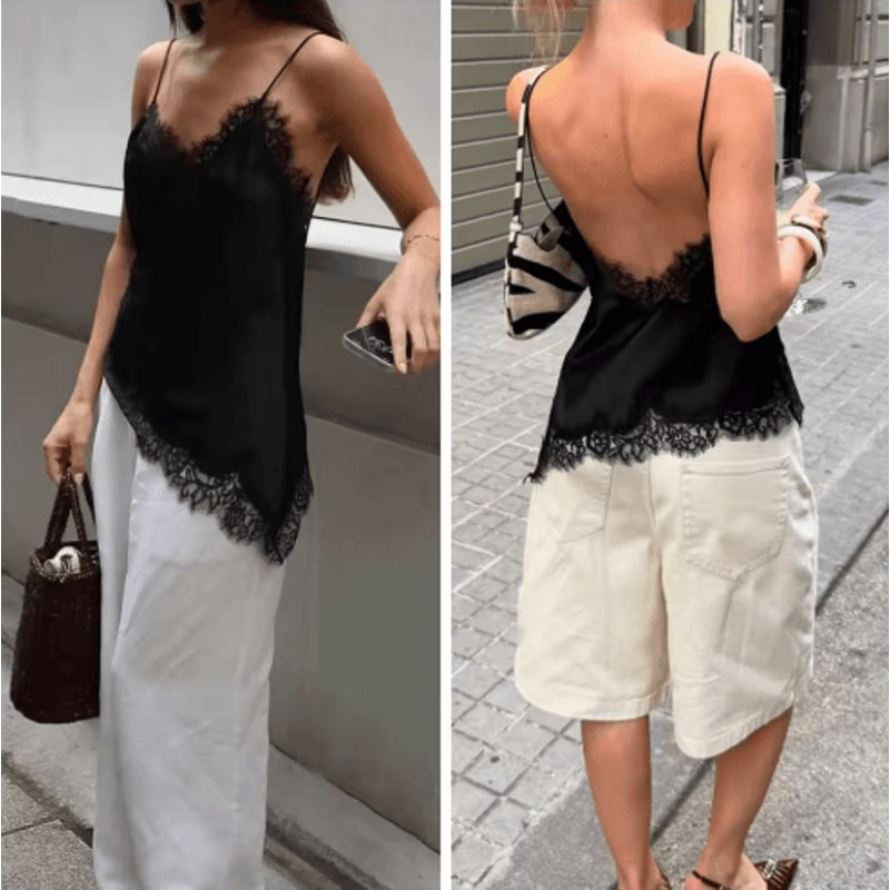 Combhasaki Satin Lace Trim Asymmetrical Cami Flowy High Low Silk Layering Top 8