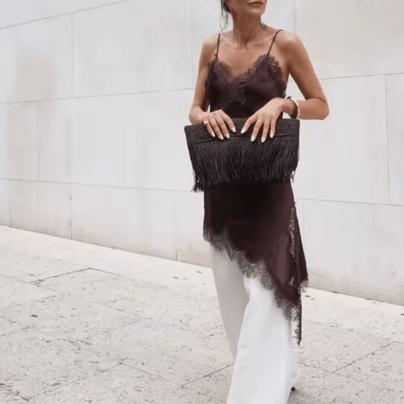 Combhasaki Satin Lace Trim Asymmetrical Cami Flowy High Low Silk Layering Top 9