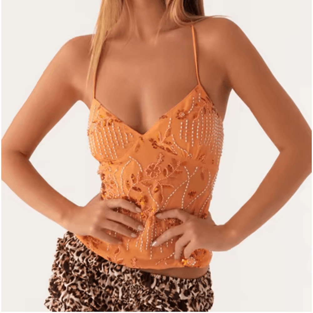 Y2K Sequin Halter Crop Top With Pearl Rhinestone Detail Summer Party Cami 5