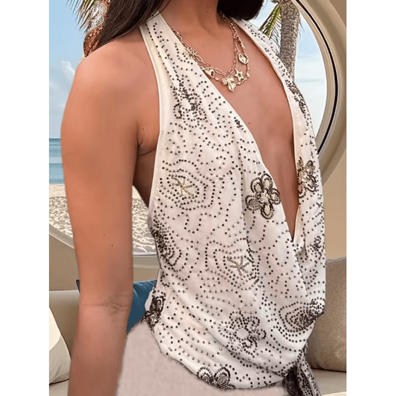 Embroidered Lace V Neck Halter Tank Top Backless Summer Streetwear Blouse For Women 2