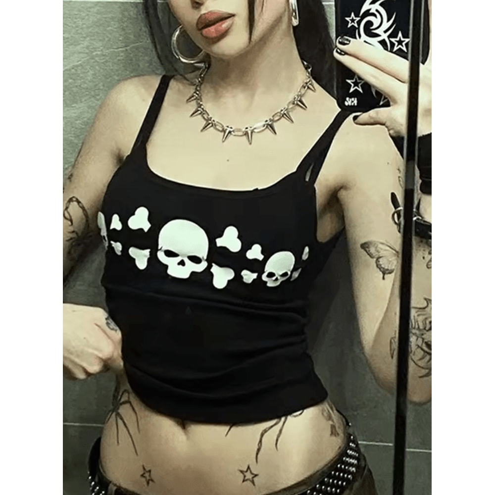 Vintage Skull Print Backless Goth Tank Top Low Cut Grunge Streetwear Camisole 2