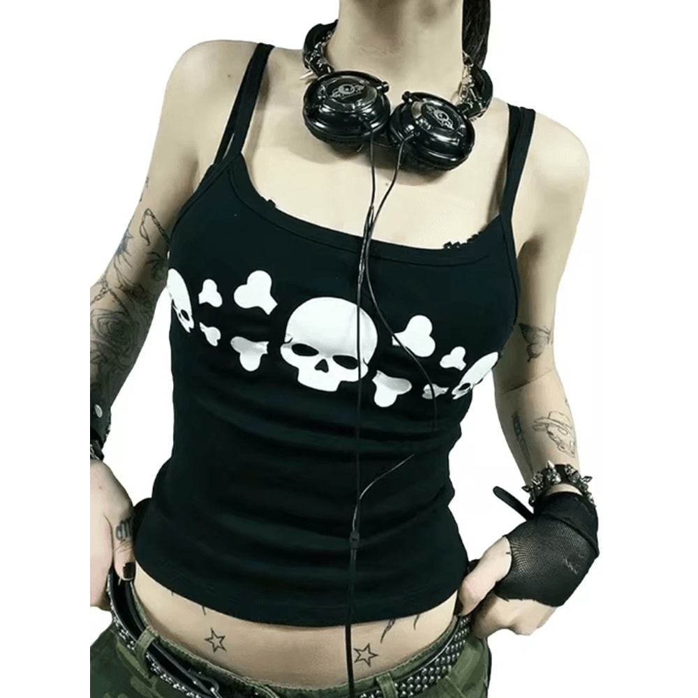 Vintage Skull Print Backless Goth Tank Top Low Cut Grunge Streetwear Camisole 5