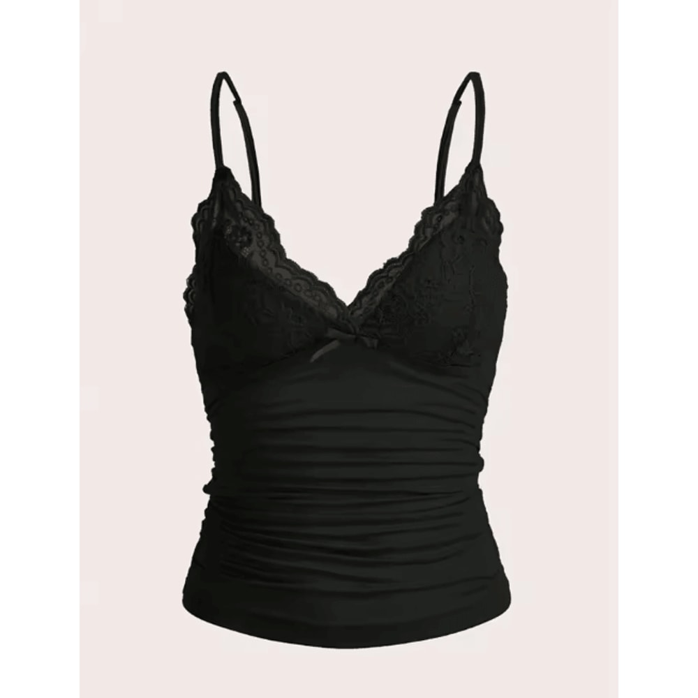 Contrast Lace Bow Front Crop Cami Y2K Backless Grunge Punk Top For Women 8