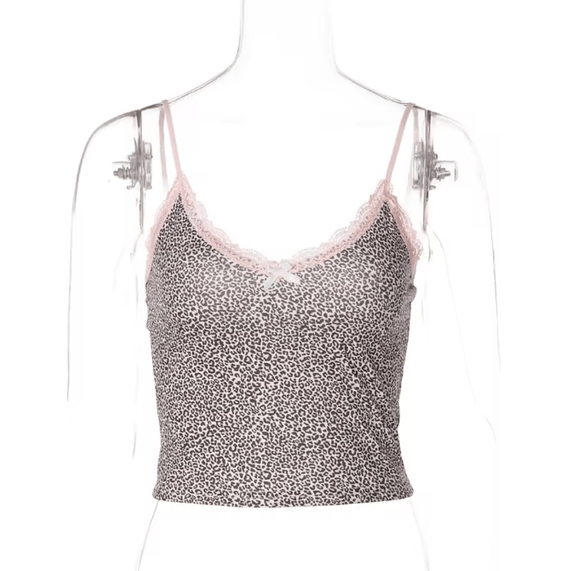 Hugcitar Leopard Print Lace Patchwork Crop Cami Y2K Slim Fit Festival Party Top 4