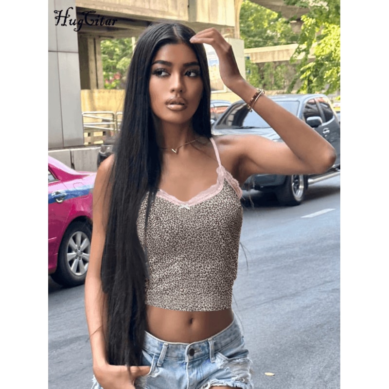 Hugcitar Leopard Print Lace Patchwork Crop Cami Y2K Slim Fit Festival Party Top 7