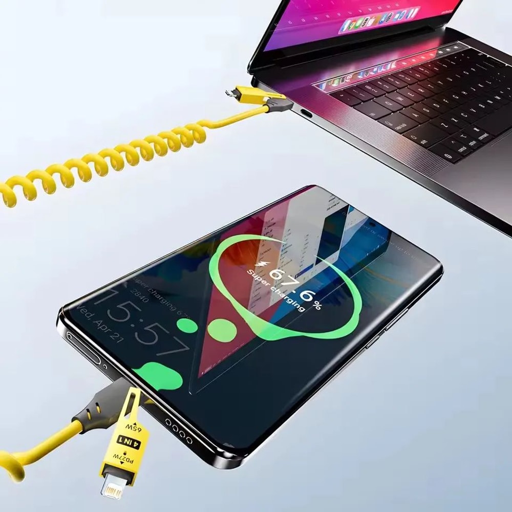 15M 65W 4 In 1 Fast Charging Cable Zinc Alloy USB C PD Spring Data Cable For IPhone Samsung Xiaomi 4