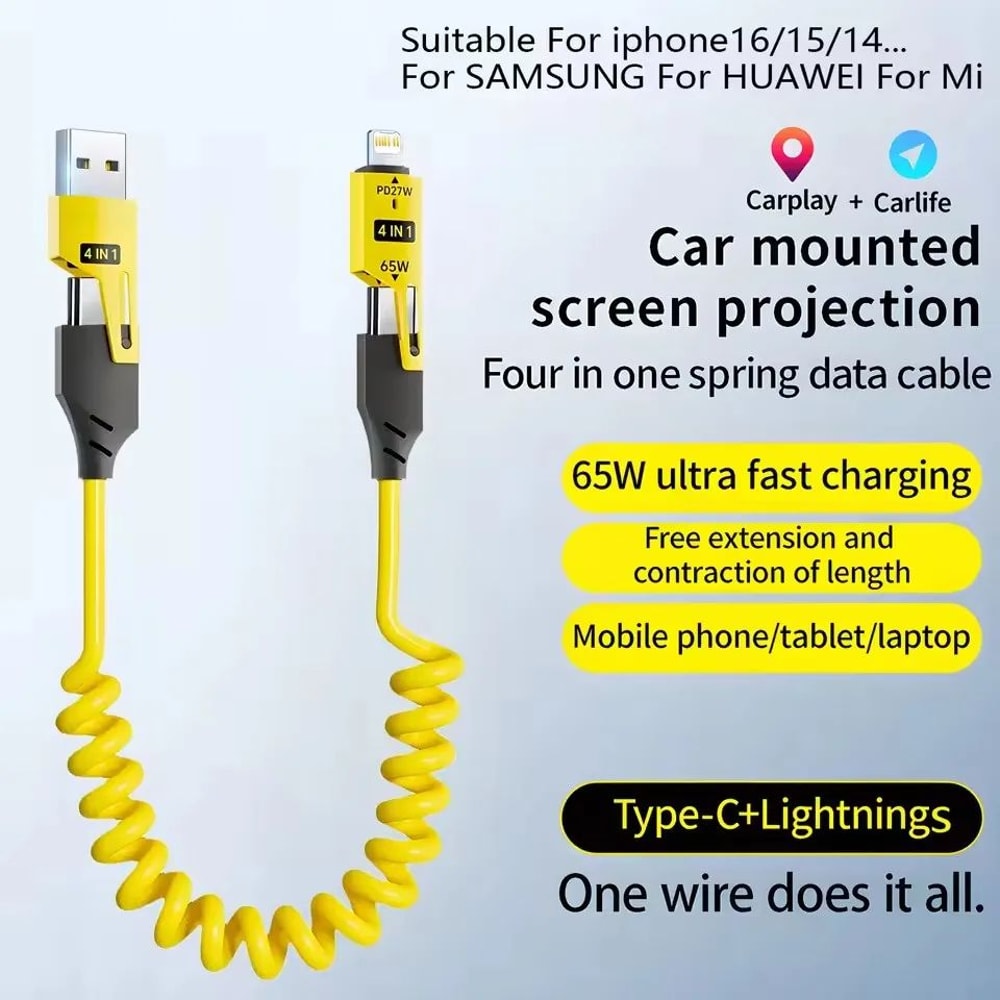 15M 65W 4 In 1 Fast Charging Cable Zinc Alloy USB C PD Spring Data Cable For IPhone Samsung Xiaomi 5
