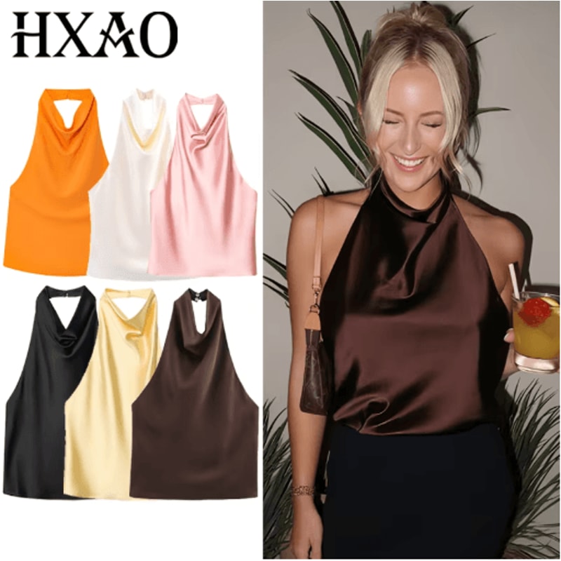 HXAO Satin Halter Backless Corset Top Elegant Summer Tank For Women 0