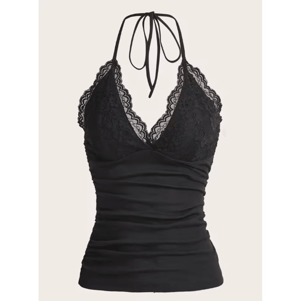 Lace VNeck Backless Ruched Halter Crop Top Grunge Goth Y2K Streetwear For Women 1