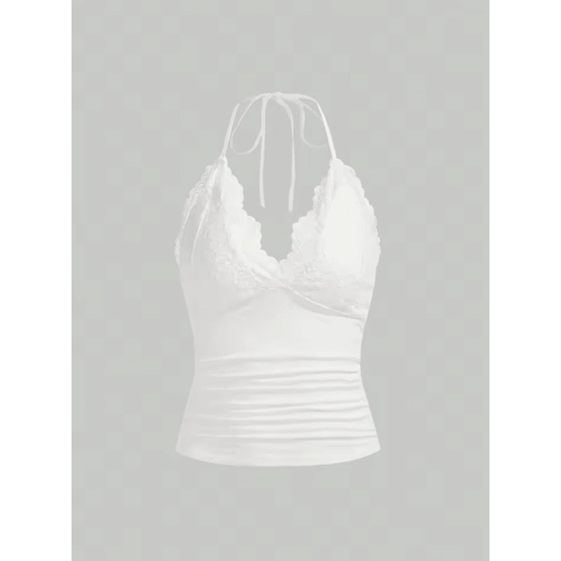 Lace VNeck Backless Ruched Halter Crop Top Grunge Goth Y2K Streetwear For Women 2