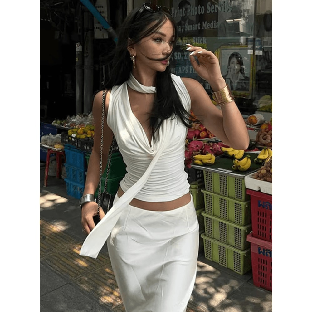 Elegant Knitted V Neck Slim Tank Top Sleeveless Bandage Streetwear For Women 5