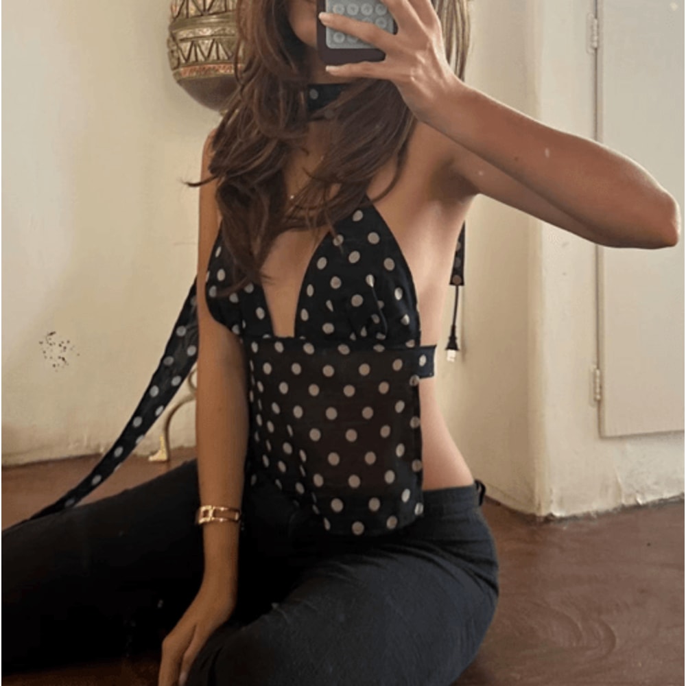 Gaono Polka Dot Halter Crop Cami Backless V Neck Y2K Coquette Tank Top 11