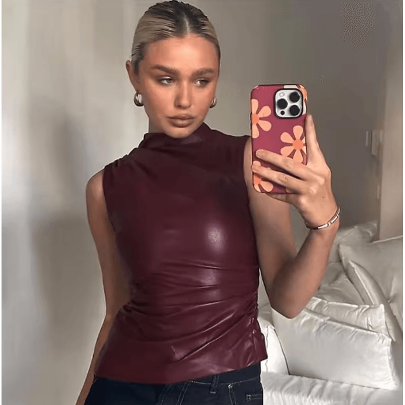 Y2K Vintage PU Slash Cut Tank Top High Waist Fitted Sleeveless Crop 2