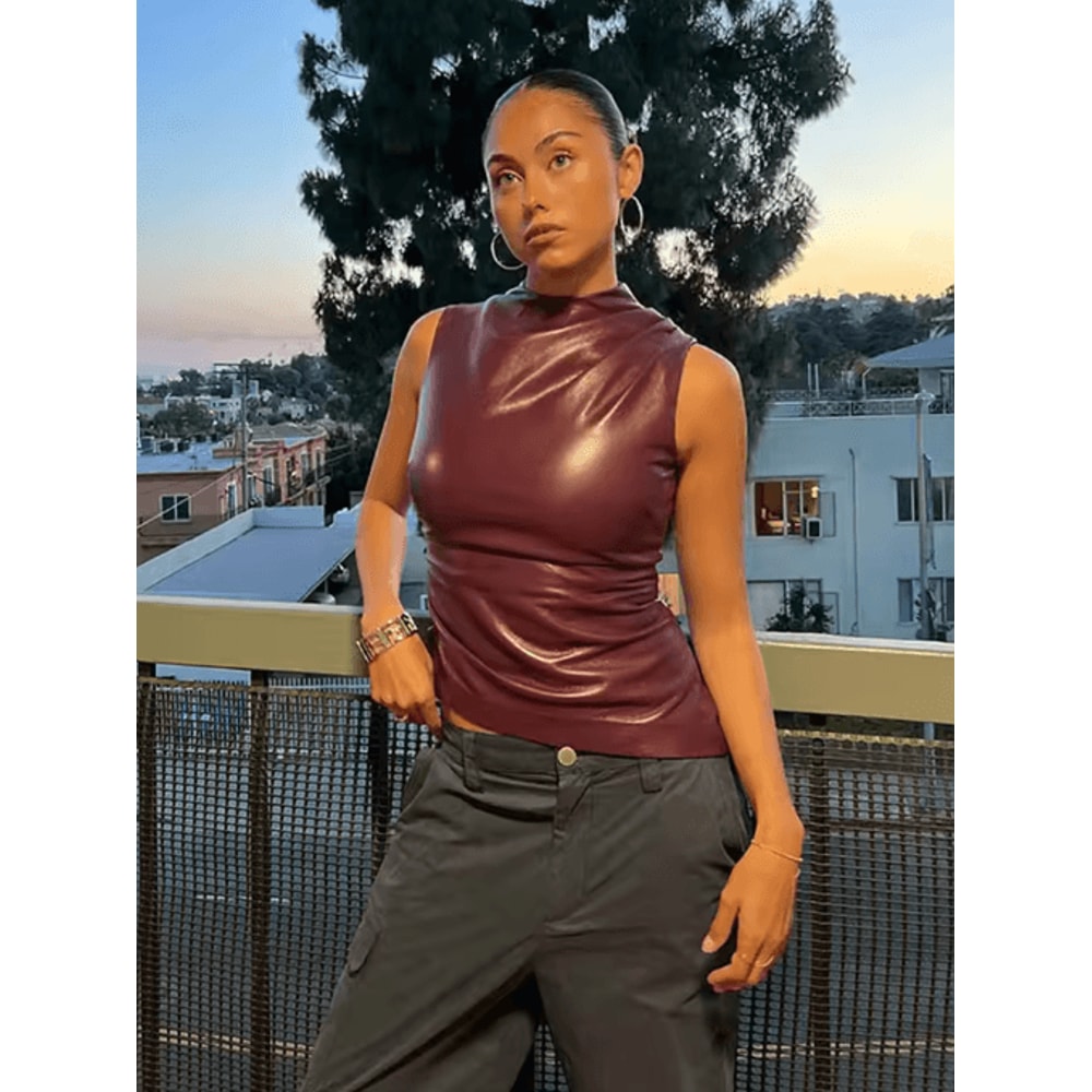 Y2K Vintage PU Slash Cut Tank Top High Waist Fitted Sleeveless Crop 6