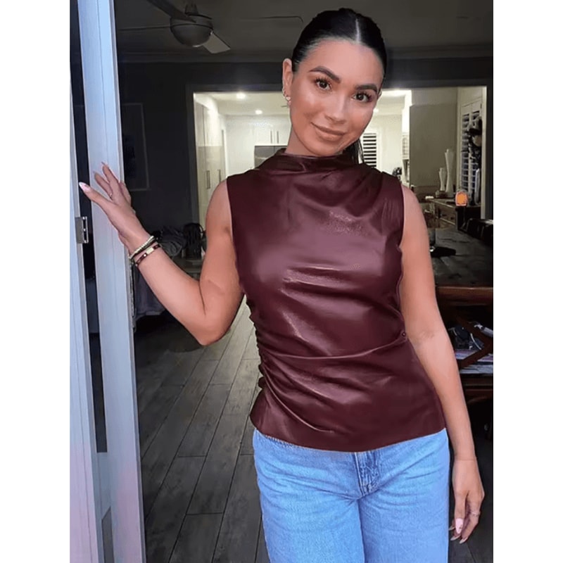 Y2K Vintage PU Slash Cut Tank Top High Waist Fitted Sleeveless Crop 0