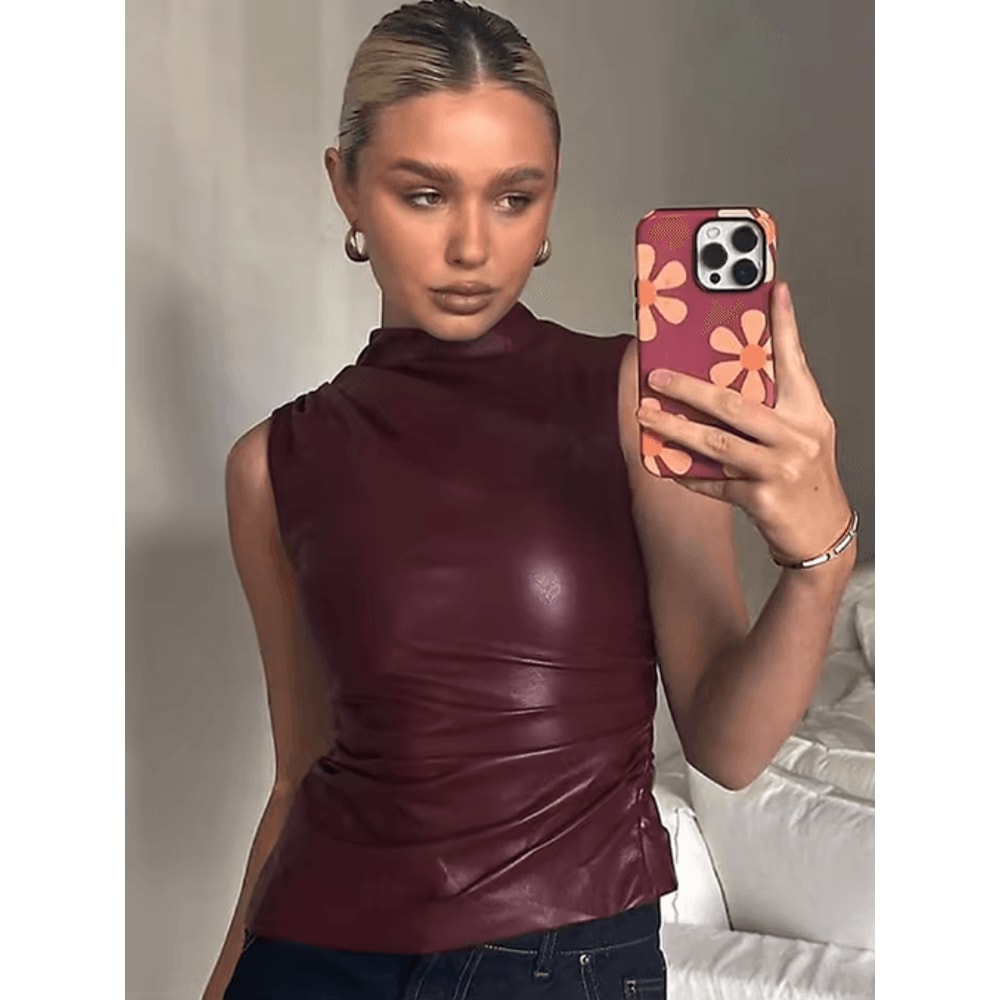 Y2K Vintage PU Slash Cut Tank Top High Waist Fitted Sleeveless Crop 7