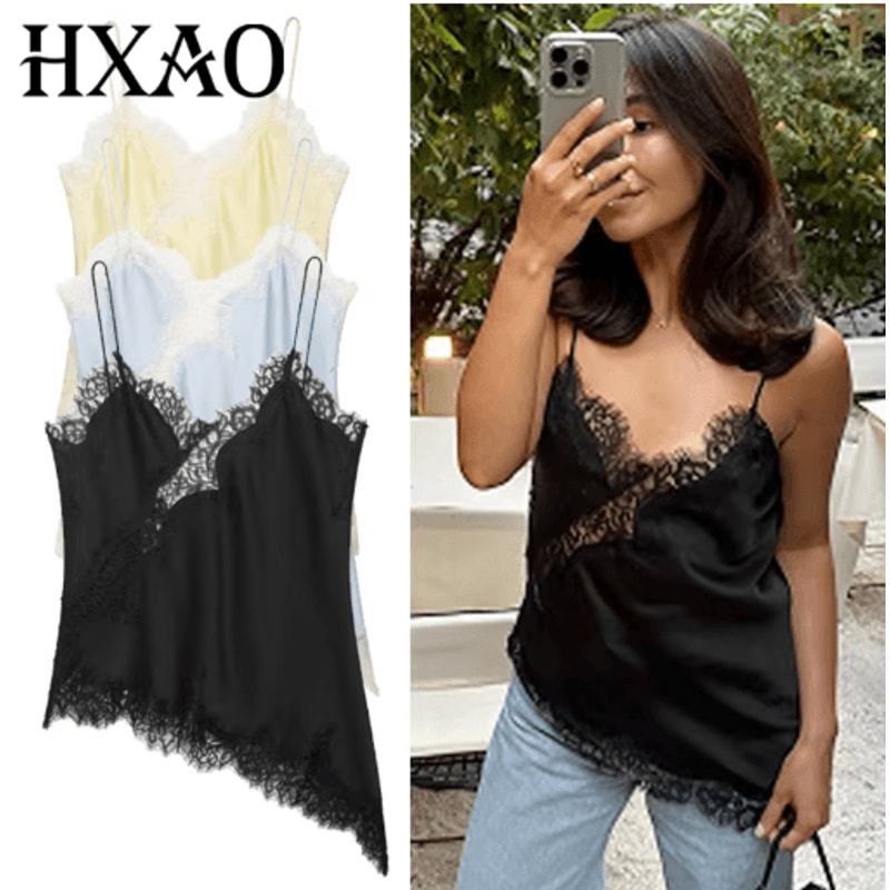 HXAO Y2K Lace Asymmetrical Top Backless Off Shoulder Summer Camisole 0