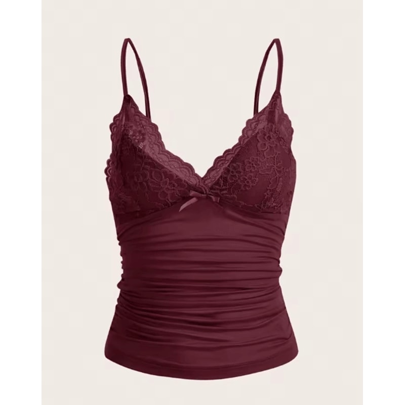 Y2K Contrast Lace Bow Crop Cami Ruched Backless Grunge Punk Top 1