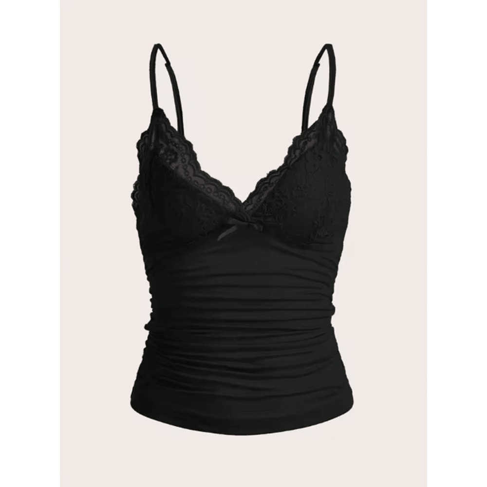 Y2K Contrast Lace Bow Crop Cami Ruched Backless Grunge Punk Top 3