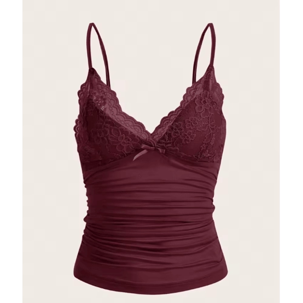 Y2K Contrast Lace Bow Crop Cami Ruched Backless Grunge Punk Top 0