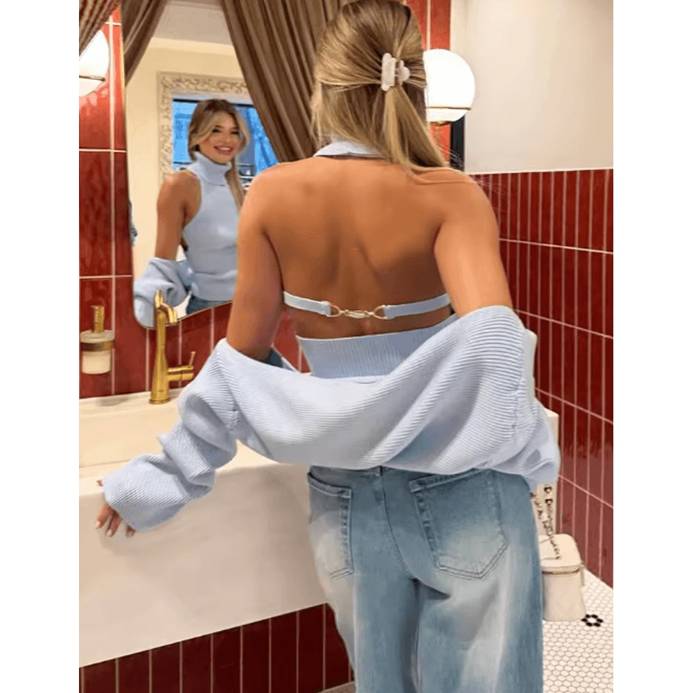 Trendix 2 Piece Knit Tank Top Set High Neck Vest And Long Sleeve Shawl Outfit 3