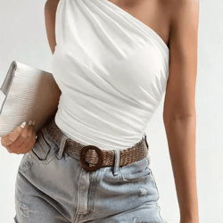 one shoulder pleated tank top ruched summer streetwear blouse