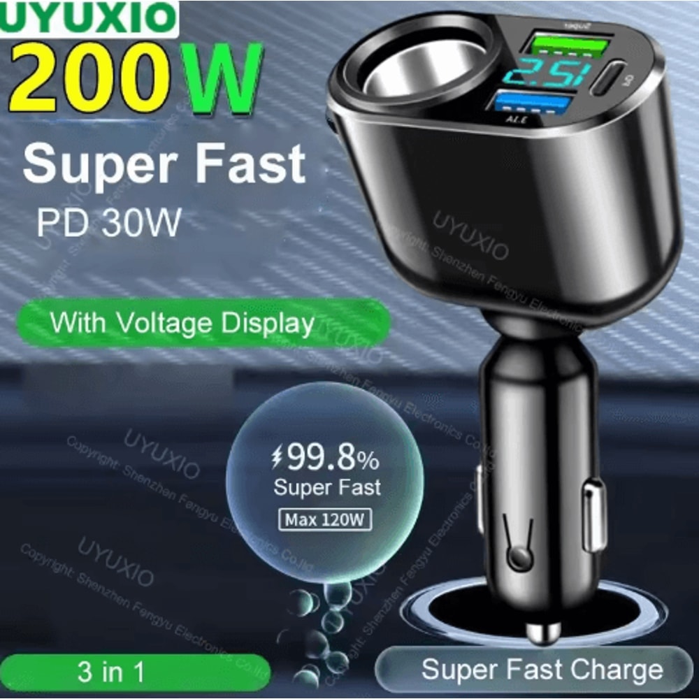 UYUXIO 30W PD USB C Car Charger Multi Port Fast Charging Adapter With Voltage Display 0