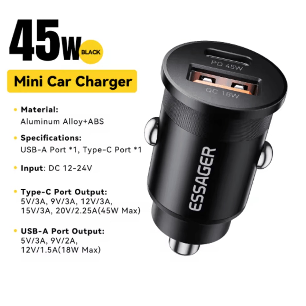 Essager 45W Mini USB C Car Charger PD 30 QC 30 Fast Charging Adapter 1
