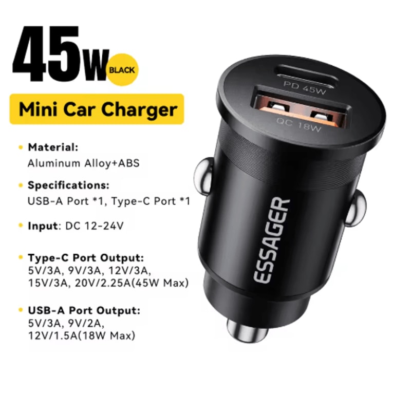 Essager 45W Mini USB C Car Charger PD 30 QC 30 Fast Charging Adapter 1